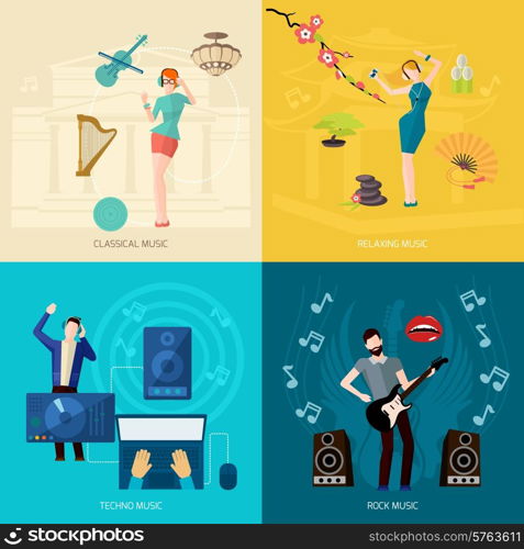 People listening music design concept set with classical relaxing techno rock flat icons isolated vector illustration. People Listening Music