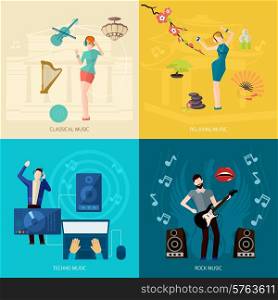 People listening music design concept set with classical relaxing techno rock flat icons isolated vector illustration. People Listening Music