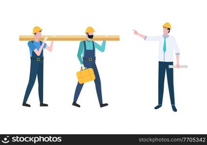 People listening to engineer vector, architect holding scheme of new construction giving task to workers carrying tools and heavy material for building. Architect and Workers Carrying Heavy Materials