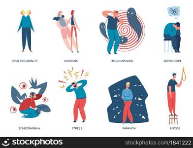 People living with mental disorders or illnesses and psychological problems. Men and women with depression, schizophrenia, anorexia vector set. Characters having hallucination, paranoia. People living with mental disorders or illnesses and psychological problems. Men and women with depression, schizophrenia, anorexia vector set