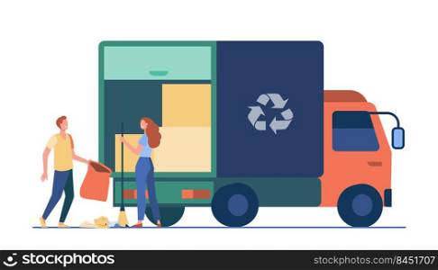 People loading garbage into truck. Trash pickup with recycling sign flat vector illustration. Garbage disposal, volunteering, trash collection concept for banner, website design or landing web page