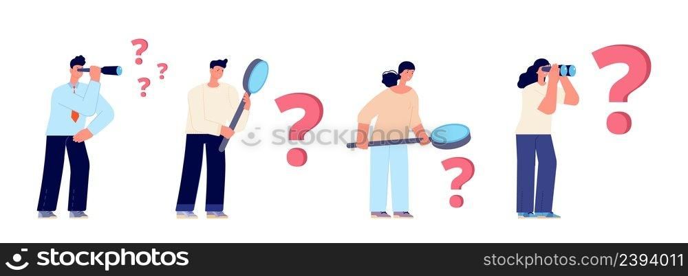 People look at large question mark. Finding solution, looking in magnifying glass or binocular. Cartoon flat business characters vector set. Illustration of solution in business, people finding. People look at large question mark. Finding solution, looking in magnifying glass or binocular. Cartoon flat business characters vector set