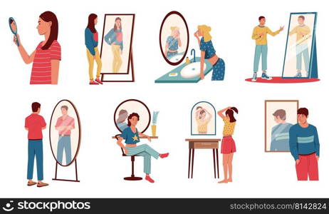 People look in mirror. Cartoon characters seeing reflections of themselves, concept of egoistic or narcissistic person, man and women proud and accept their look. Vector set. Confident people posing. People look in mirror. Cartoon characters seeing reflections of themselves, concept of egoistic or narcissistic person, man and women proud and accept their look. Vector set