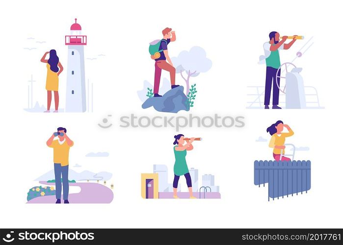 People look landscape. Men and women outdoor with binoculars, telescope and spyglasses peering into distance. Walking, traveling and observation. Forward vision, vector cartoon flat style isolated set. People look landscape. Men and women outdoor with binoculars, telescope and spyglasses peering into distance. Walking, traveling and observation. Forward vision, vector flat isolated set
