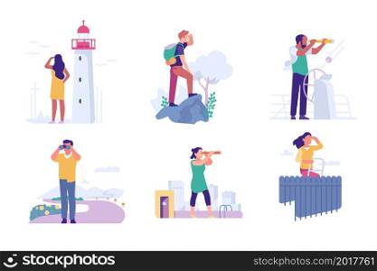 People look landscape. Men and women outdoor with binoculars, telescope and spyglasses peering into distance. Walking, traveling and observation. Forward vision, vector cartoon flat style isolated set. People look landscape. Men and women outdoor with binoculars, telescope and spyglasses peering into distance. Walking, traveling and observation. Forward vision, vector flat isolated set
