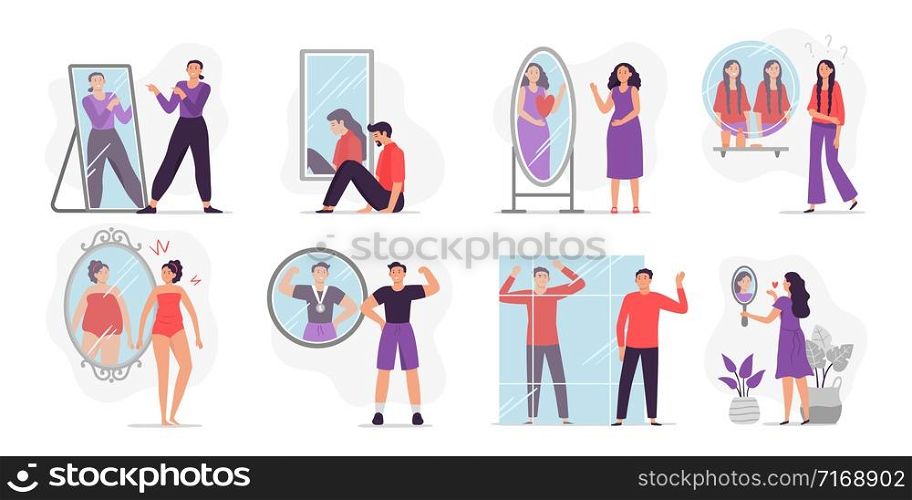 People looking at mirror reflection. Self-assessment and personal appearance vector illustration. Concept of evaluation of attractiveness, body dysmorphic disorder, transsexuality, self-examination.. People looking at mirror reflection. Self-assessment and personal appearance vector illustration