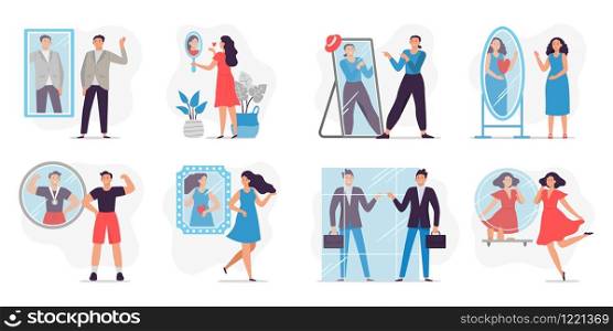 People looking in mirror. Love and proud yourself, man happy to see reflection in mirror and motivation vector illustration. Concept of self-confidence, self-acceptance, self-esteem, narcissism.. People looking in mirror. Love and proud yourself, man happy to see reflection in mirror and motivation vector illustration