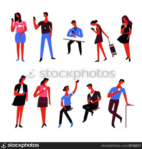 People looking in smartphone. Vector man boys and woman girls busy with mobile phone chatting in messenger or making selfie photo and watching video chat on way. People with smart phone gadgets vector icons