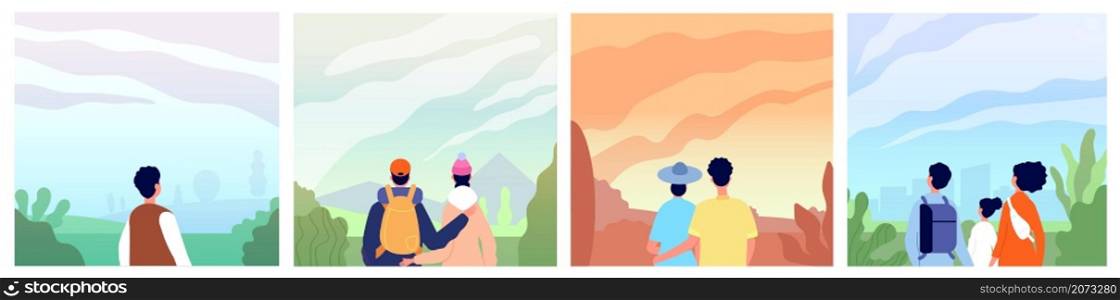 People looking landscape. Adventure in mountains, couple backpackers explore. Guys look sunrise on sky, travel utter discovery vector scene. Illustration landscape outdoor, adventure and mountain view. People looking landscape. Adventure in mountains, couple backpackers explore nature. Guys look sunrise on sky, travel utter discovery vector scenes