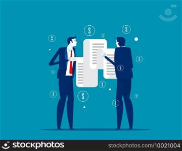 People looking long paper bills. Concept business money bill vector illustration, Debt or Tax