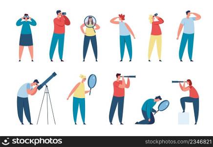 People looking through binoculars and magnifying glass. Characters searching for opportunities and new ideas, man look into future vector set. Female and male workers with spyglass or telescope. People looking through binoculars and magnifying glass. Characters searching for opportunities and new ideas, man look into future vector set