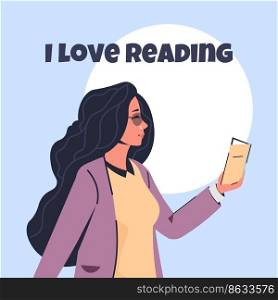 People love reading. Young girl holds book. Literature poster or banner. Female Bookworm, studying person, woman with notebook or textbook, library or bookstore poster, vector cartoon illustration. People love reading. Young girl holds book. Literature poster or banner. Female Bookworm, studying person, woman with notebook, library or bookstore poster, vector cartoon illustration
