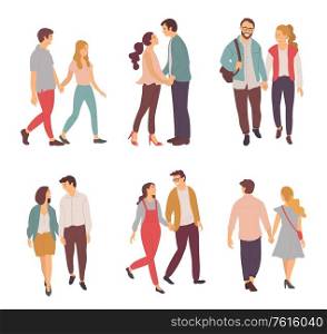 People loving each other vector, person with partner kissing man and woman, hugging couple isolated. Boyfriend and girlfriend walking and talking. Couple at Date People Dating Man and Woman in Love