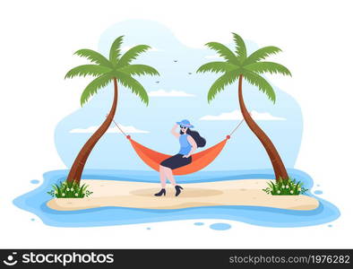 People Lying on Hammock in Beach Swing Flat Cartoon Vector Illustration. Summer Vacation Outdoor Picnic Between Coconut or Palm Tree