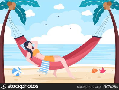 People Lying on Hammock in Beach Swing Flat Cartoon Vector Illustration. Summer Vacation Outdoor Picnic Between Coconut or Palm Tree