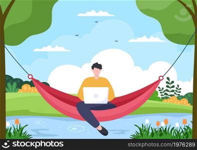 People Lying on Hammock in Park Flat Cartoon Vector Illustration. Summer Vacation Outdoor Picnic Between Two Trees