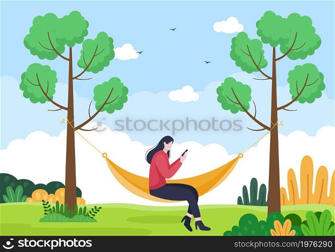 People Lying on Hammock in Park Flat Cartoon Vector Illustration. Summer Vacation Outdoor Picnic Between Two Trees