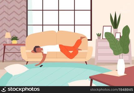 People lying on sofa. Lazy person relax in living room sleeping and watching tv apathy and messy vector character. Illustration person on sofa lying vector. People lying on sofa. Lazy person relax in living room sleeping and watching tv apathy and messy vector character