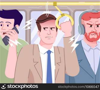People make noise in bus flat vector illustration. Passengers speaking loud and listening to music in public transport cartoon characters. Frustrated and angry man. Stressful morning commuting