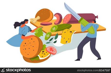 People make sandwiches from sausage and vegetables, simple appetizers or snacks. Bun with seeds, meat, cucumber and cheese slice. Food and dieting, nutrition and preparation. Vector in flat style. Making sandwich from vegetables and sausage vector