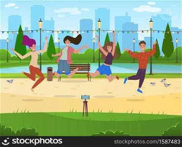 People make selfie. Happy men and women jumping smiling and taking photo on smartphone camera in park summer landscape, photography live stream or vlog making, shoot stories vector blogger characters. People make selfie. Happy men and women jumping and taking photo on smartphone camera in park summer landscape, photography live stream or vlog making, shoot stories vector characters