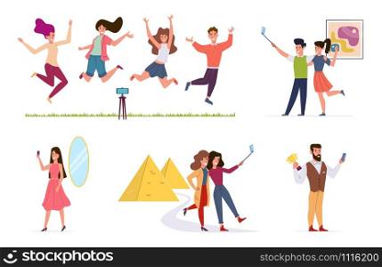 People make selfie. Men and women taking photo on smartphone camera, friends using selfie stick. Characters vector vacation set. People make selfie. Men and women taking photo on smartphone camera, friends using selfie stick. Characters vector set