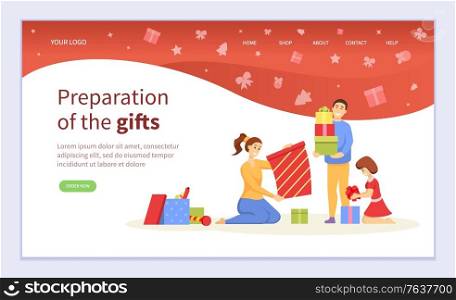 People making colorful handmade Christmas present, preparation of gifts online. Girl and boy creative geometric package with ribbon. Webpage or website template, landing page flat style vector. Xmas Present Online, Preparation of Gift Vector