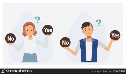 People making decision Yes or No. thinking confused. Flat vector 2D cartoon character illustration.