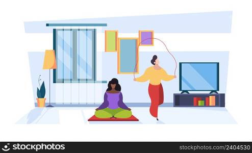 People making exercises. Sport characters healthy activities happy group in gym yoga garish vector flat abstract background stylized illustrations. Healthy exercise and workout at home. People making exercises. Sport characters healthy activities happy group in gym yoga garish vector flat abstract background stylized illustrations