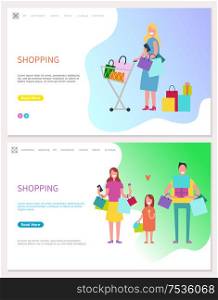 People making holiday purchases. Pleased parents with daughter holding package. Girl standing with bought goods in trolley. Happy customers shopping vector. Smiling People Making Holiday Purchases Vector