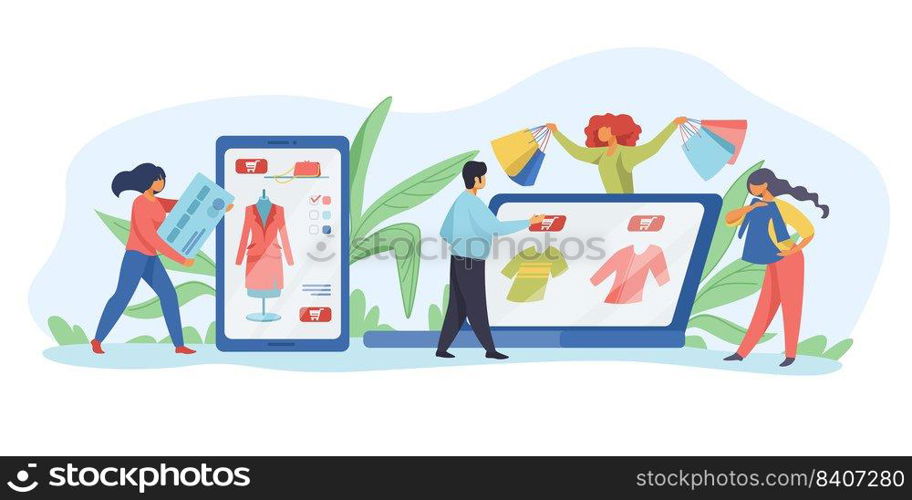 People making online purchases. Shopping, internet, sale flat vector illustration. Online shopping concept for banner, website design or landing web page