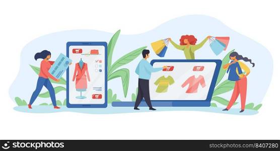 People making online purchases. Shopping, internet, sale flat vector illustration. Online shopping concept for banner, website design or landing web page