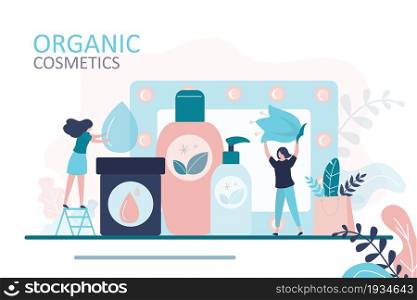 People making organic cosmetic from environmentally friendly products. Female character adds natural ingredients. Big mirror on background. Concept of beauty and vegan. Flat vector illustration. People making organic cosmetic from environmentally friendly products. Female character adds natural ingredients