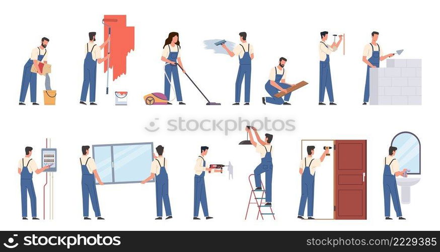 People making renovation. Workers in overalls, men and women carry out repair work, interior wall painting, installing doors and windows, electrical and plumbing replacement, vector flat isolated set. People making renovation. Workers in overalls, men and women carry out repair work, interior wall painting, installing doors and windows, electrical and plumbing replacement, vector set