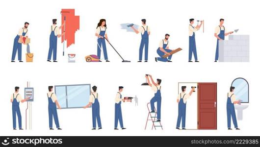 People making renovation. Workers in overalls, men and women carry out repair work, interior wall painting, installing doors and windows, electrical and plumbing replacement, vector flat isolated set. People making renovation. Workers in overalls, men and women carry out repair work, interior wall painting, installing doors and windows, electrical and plumbing replacement, vector set