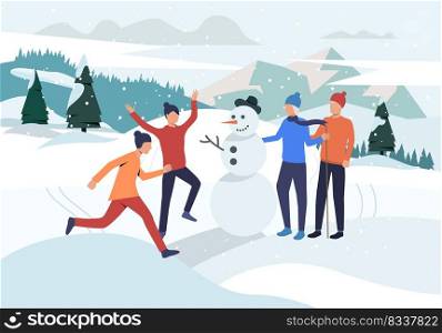 People making snowman landing page. Teen, couple, snow, mountain. Activity concept. Vector illustration for topics like winter, vacation, holiday