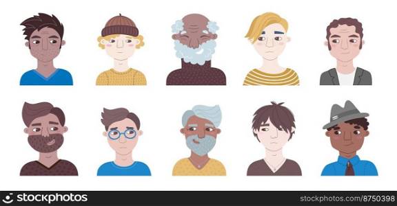 People male portrait set. Avatar collection of casual men different ages and nationalities. Vector cartoon illustrations isolated on white background. Bundle for representing person in social network.