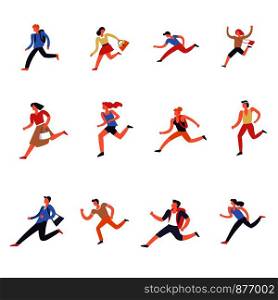 People males and females running forward set vector. Workers busy with work, hurry and late for something. Woman with handbag in hands, man with backpack dashing, person trying to be in time. People males and females running forward set vector