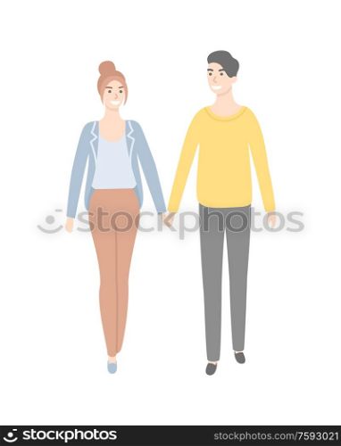 People man and woman walking and holding hands isolated cartoon style male and female. Vector smiling pretty girl, dating couple, husband and wife. People Man and Woman Walking and Holding Hands
