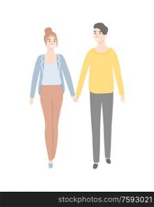 People man and woman walking and holding hands isolated cartoon style male and female. Vector smiling pretty girl, dating couple, husband and wife. People Man and Woman Walking and Holding Hands