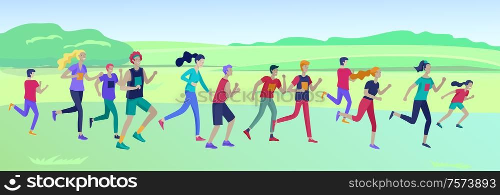 People Marathon Running Sport race sprint, concept illustration running men and women wearing sportswer in landscape. Jogging at Training. Healthy Active Speed Exercise. Cartoon Vector Illustration. People Marathon Running Sport race sprint, concept illustration running men and women wearing sportswer in landscape. Jogging at Training. Healthy Active Speed Exercise. Cartoon Vector
