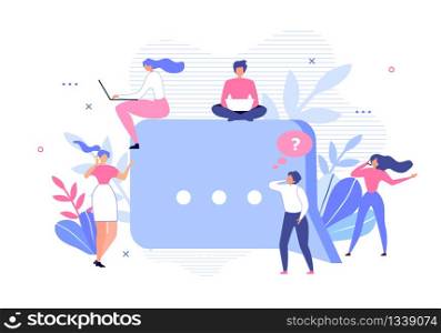 People Media Community Group Networking and Texting via Laptop and Mobile Gadgets, Talking Phone around Huge Speech Bubble Sign. Social Network and Global Communication. Vector Flat Illustration. People Media Community Group and Speech Bubble
