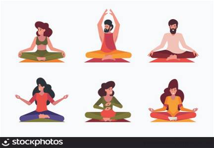 People meditation. Businessman in relaxing yoga poses mindfulness breathing persons health sitting characters garish vector flat colored illustrations. Meditation yoga and relax, worker person. People meditation. Businessman in relaxing yoga poses mindfulness breathing persons health sitting characters garish vector flat colored illustrations