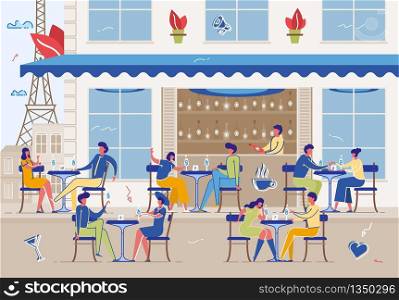 People Meeting and Eating Out in Public Place Sitting at Tables in Front of Counter Desk with Drinks, Happy Family and Friends Spend Time Outdoors, Summer Leisure, Cartoon Flat Vector Illustration. People Meeting and Eating Out in Public Place