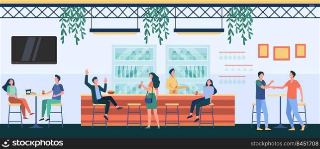 People meeting in cafe, drinking beer in pub, sitting at table or counter and talking. Vector illustration for night life, party, bar concept