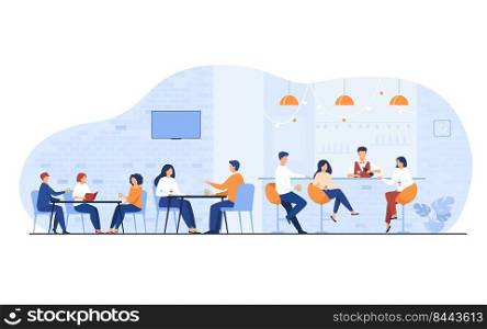 People meeting in restaurant bar for dinner isolated flat vector illustration. Cartoon men and women drinking wine or beer in pub. Party and weekend concept