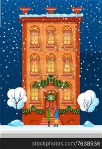People meeting near high building construction at snowy weather. Man and woman standing near urban house, trees with snowflakes. Dark view on city, couple standing near architecture with lights vector. People Walking in City, Dark and Snowy View Vector