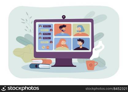 People meeting online via video conference flat vector illustration. Cartoon group of colleagues on virtual collective chat during lockdown. Videoconference and digital technology concept