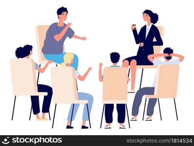 People meeting. Psychotherapy training, business lecture or conference. Persons sitting talking. Man woman support group vector. Psychiatrist help together seminar, business professional meeting. People meeting. Psychotherapy training, business lecture or conference. Persons sitting in circle and talking. Cartoon man woman support group vector concept
