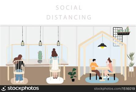 People men and woman are talking,eating in restaurant.Social distancing in new normal